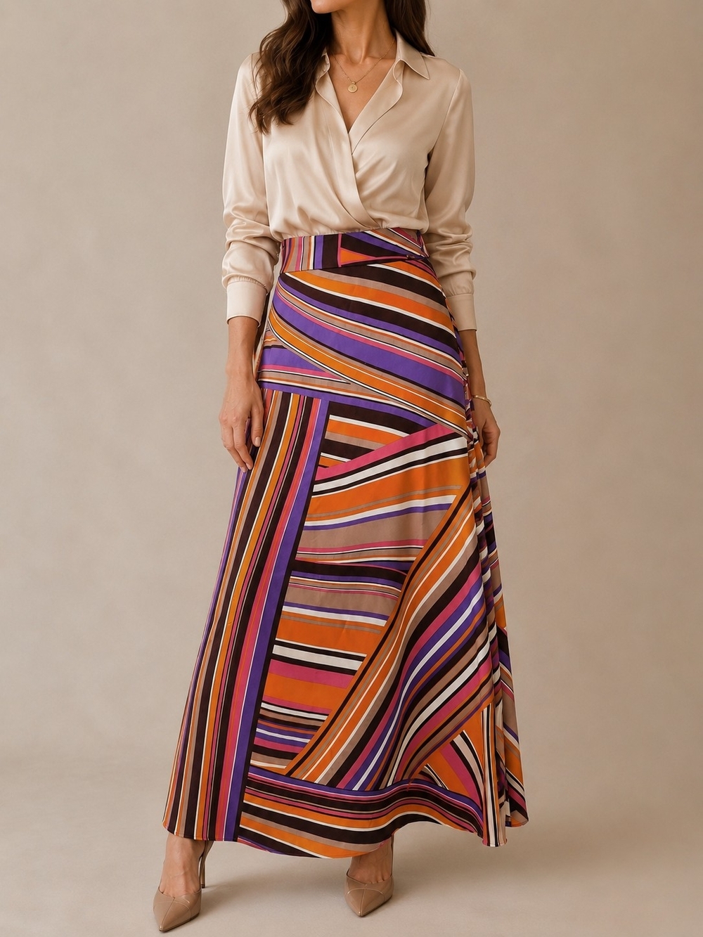 Nenette Geometric A-Line Maxi Skirt in Orange & Purple NWT size S like Silk